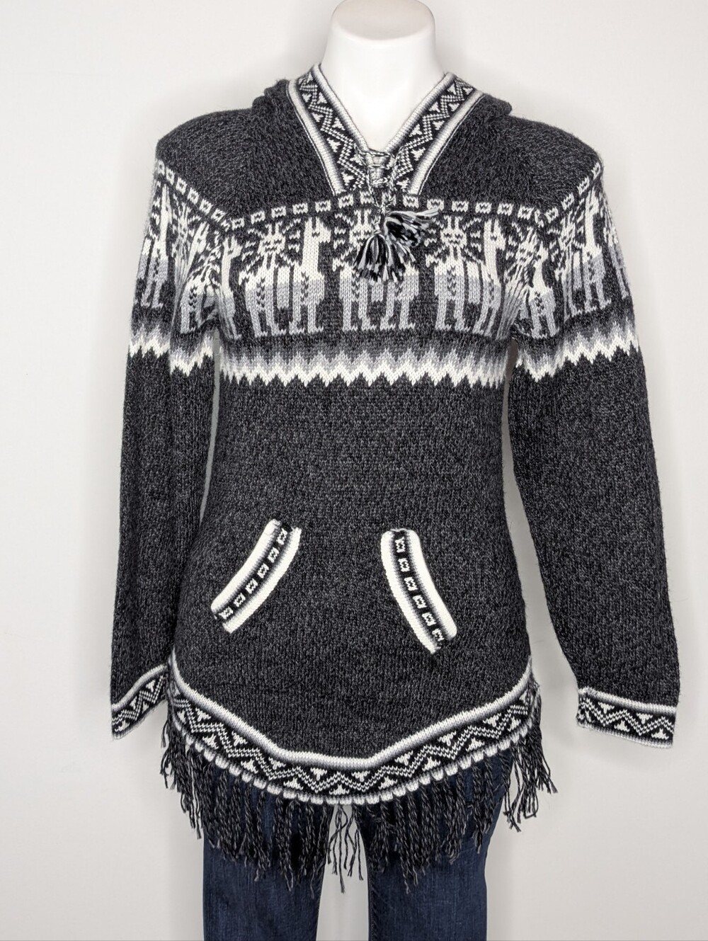 Eden Grey White Alpaca Knit Long Sleeve Fringe Hoodie Sweater L
